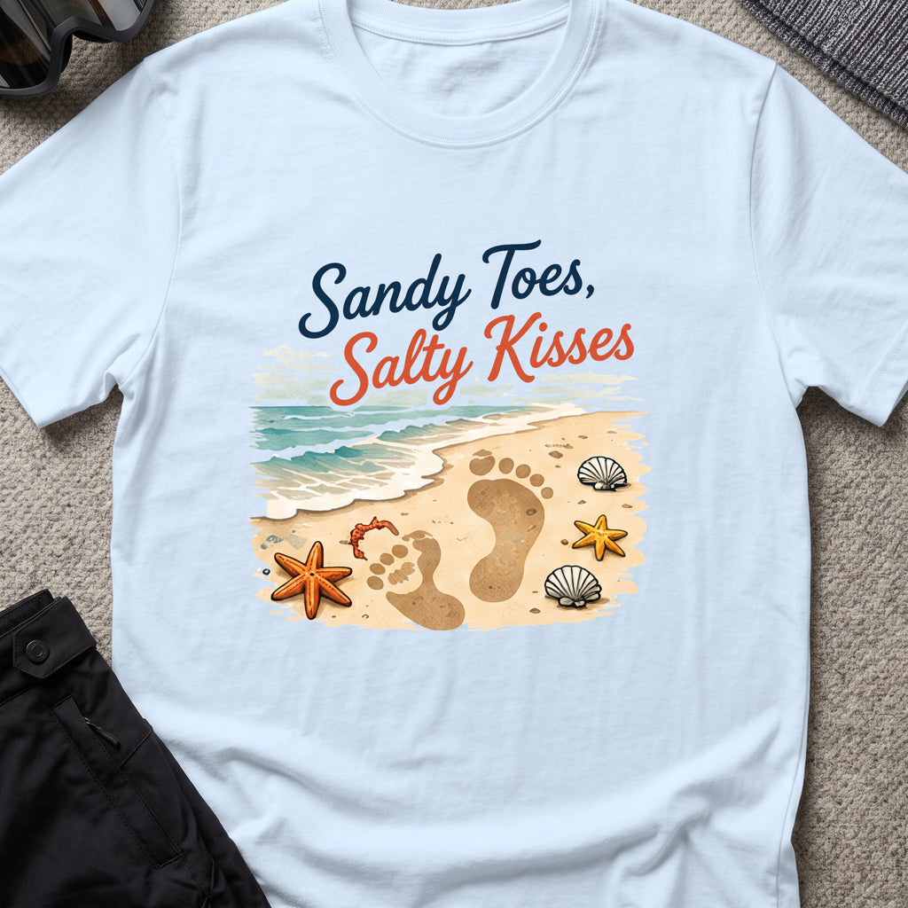 Sandy Toes Salty Kisses T-Shirt in Light Blue, front view.