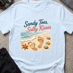 Sandy Toes Salty Kisses T-Shirt in Light Blue, front view.