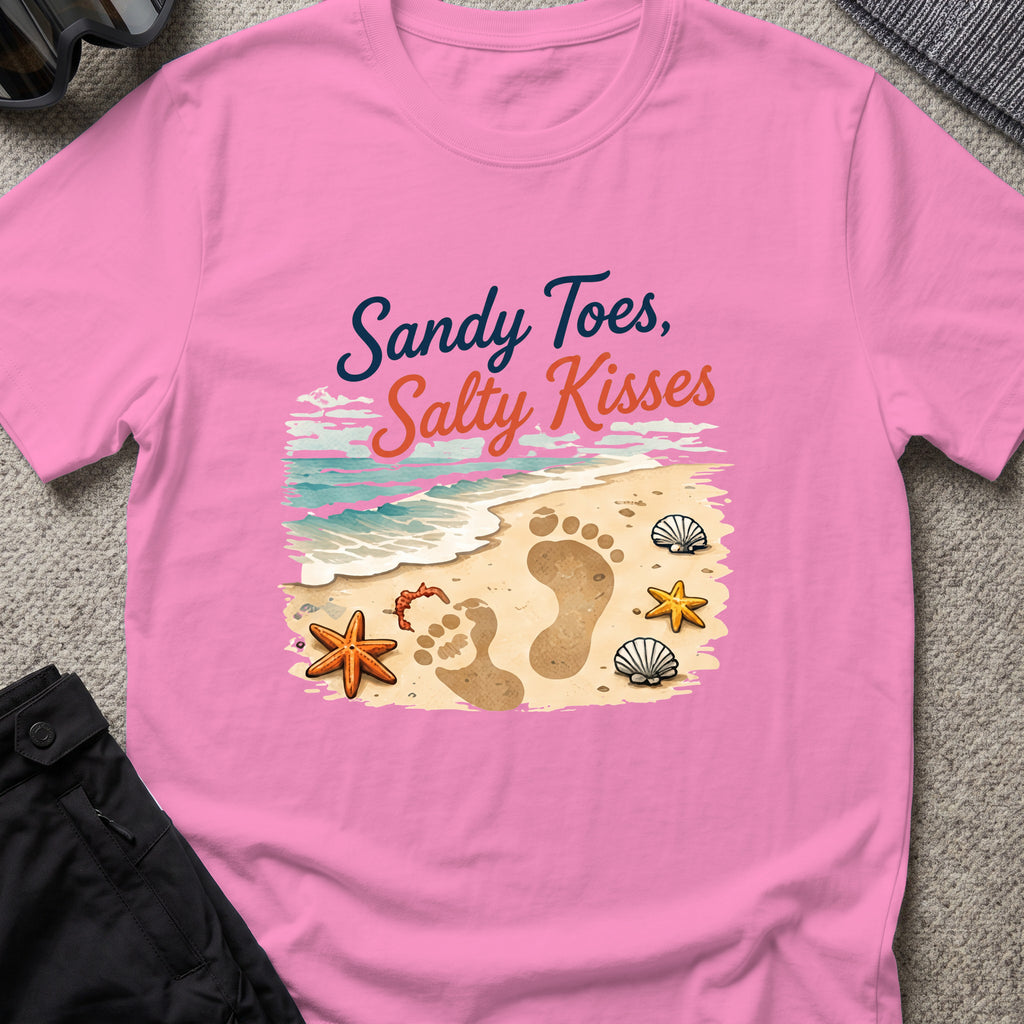 Sandy Toes Salty Kisses T-Shirt in Azalea, front view.
