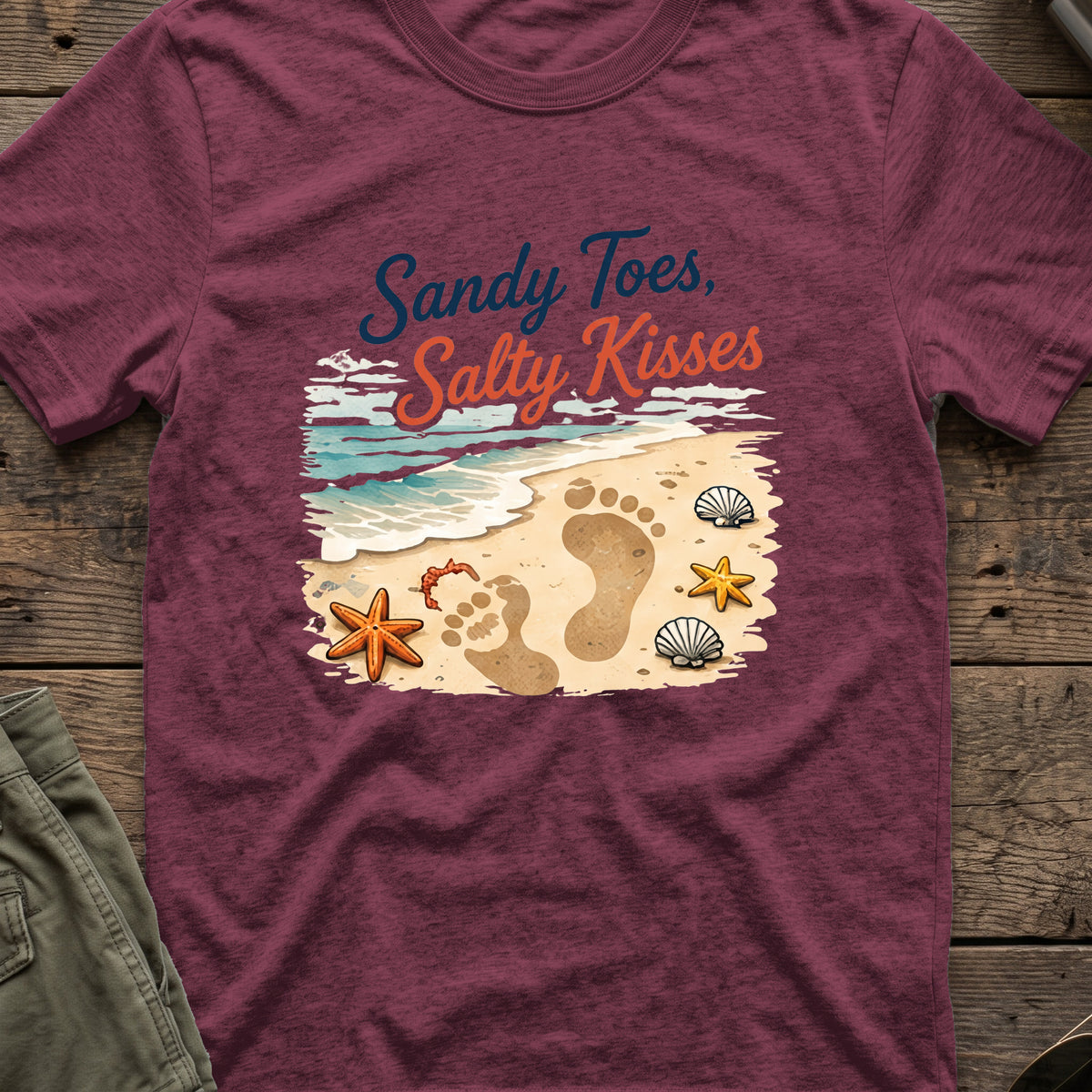 Sandy Toes Salty Kisses T-Shirt in Heather Maroon, front view.