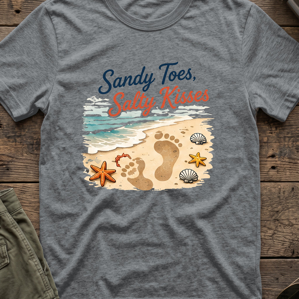 Sandy Toes Salty Kisses T-Shirt in Graphite Heather, front view.