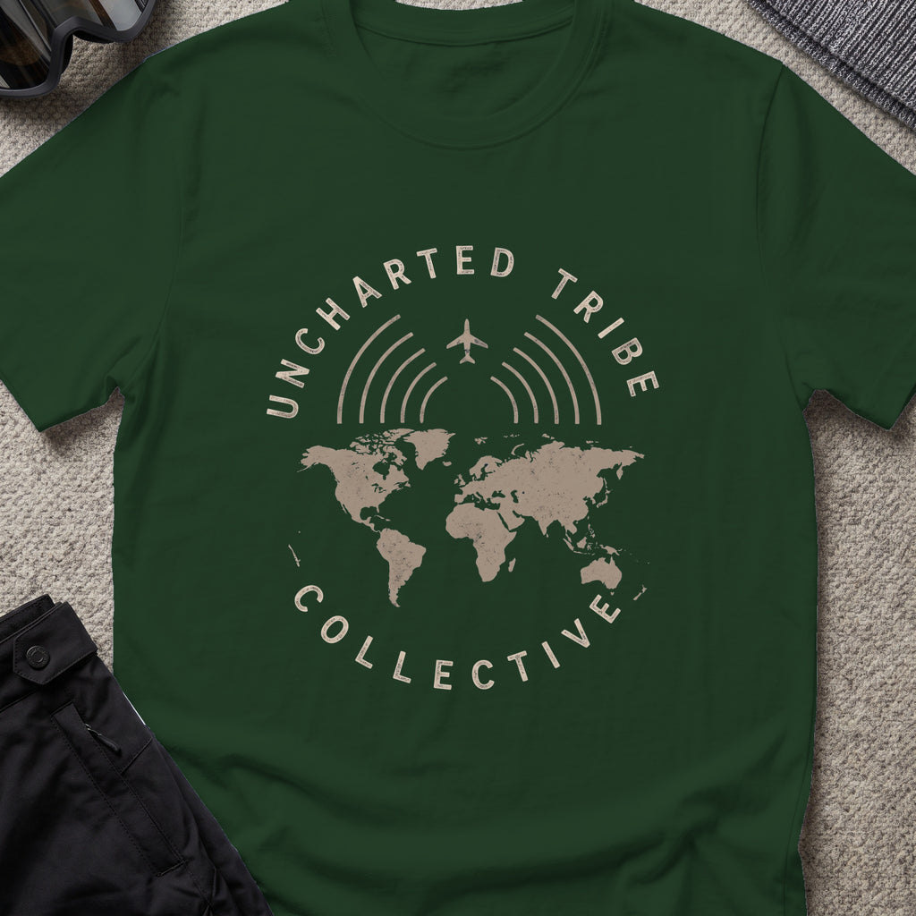 Uncharted Tribe Collective Global T-Shirt in Forest Green, front view.