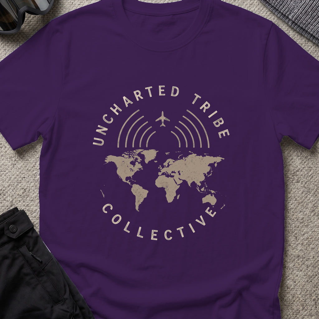 Uncharted Tribe Collective Global T-Shirt in Purple, front view.