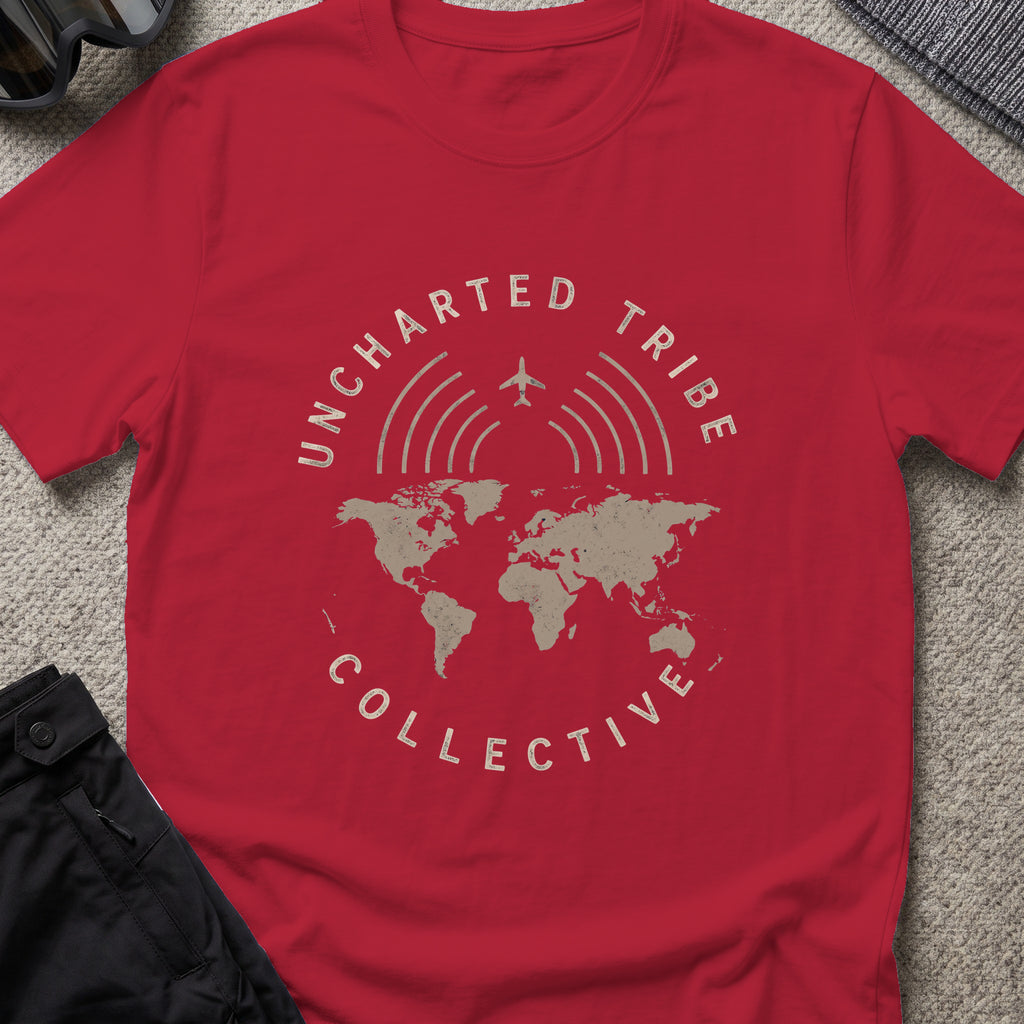 Uncharted Tribe Collective Global T-Shirt in Antique Cherry Red, front view.