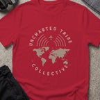 Uncharted Tribe Collective Global T-Shirt in Antique Cherry Red, front view.