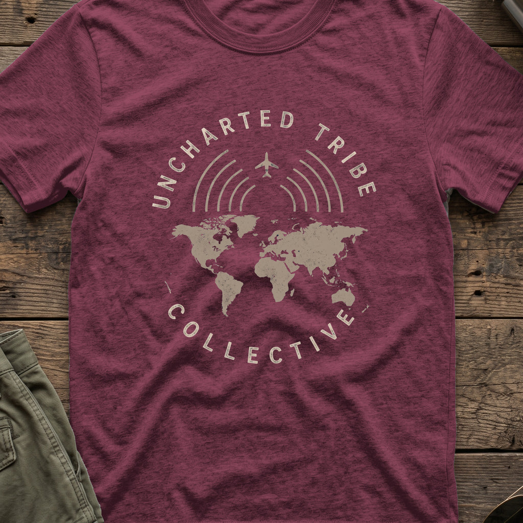 Uncharted Tribe Collective Global T-Shirt in Heather Maroon, front view.