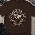 Uncharted Tribe Global Circuit T-Shirt in Dark Chocolate, front view.