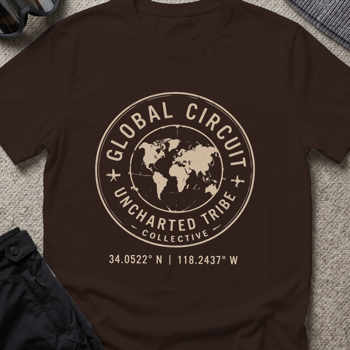 Uncharted Tribe Global Circuit T-Shirt in Dark Chocolate, front view.