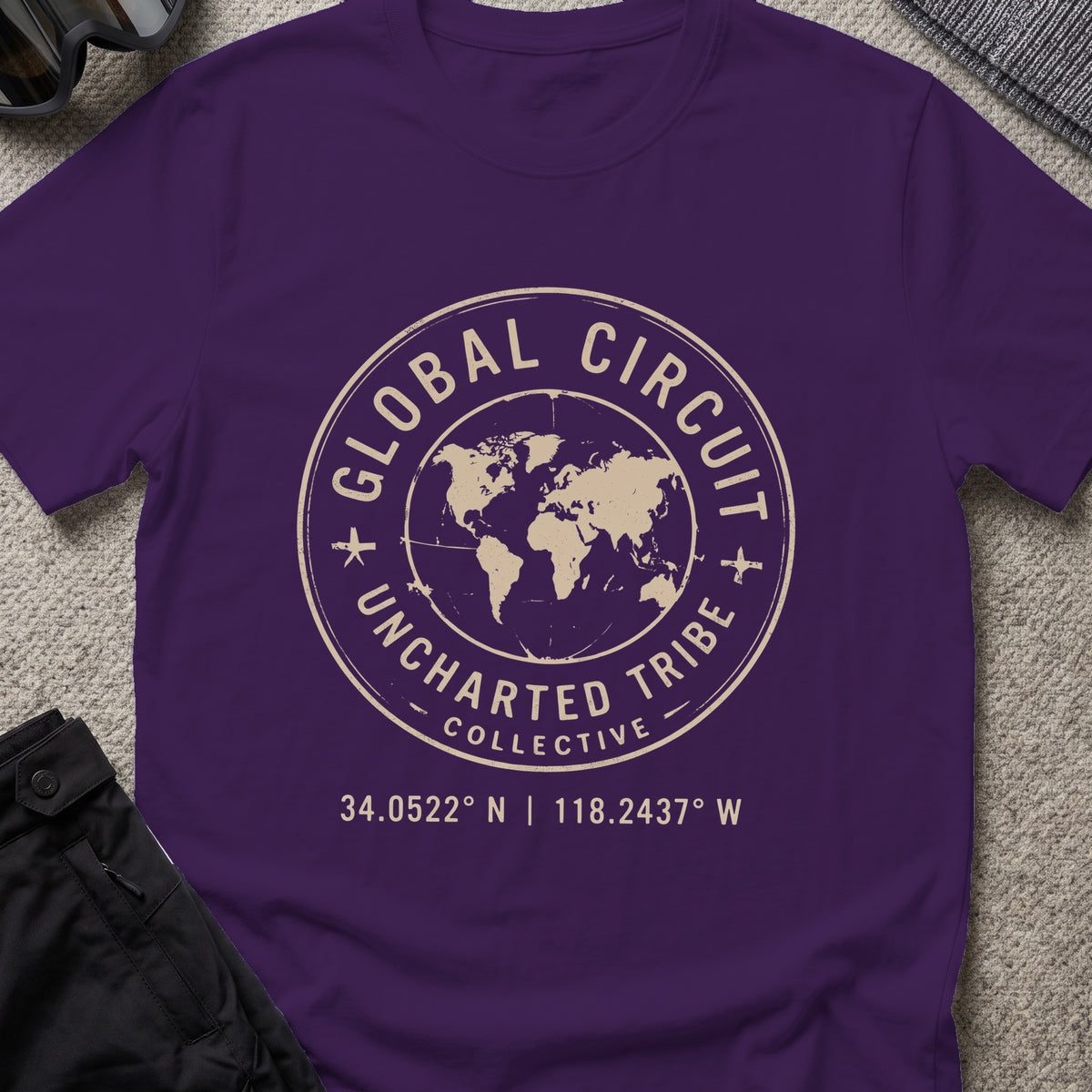 Uncharted Tribe Global Circuit T-Shirt in Purple, front view.