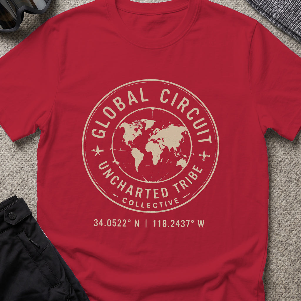 Uncharted Tribe Global Circuit T-Shirt in Antique Cherry Red, front view.