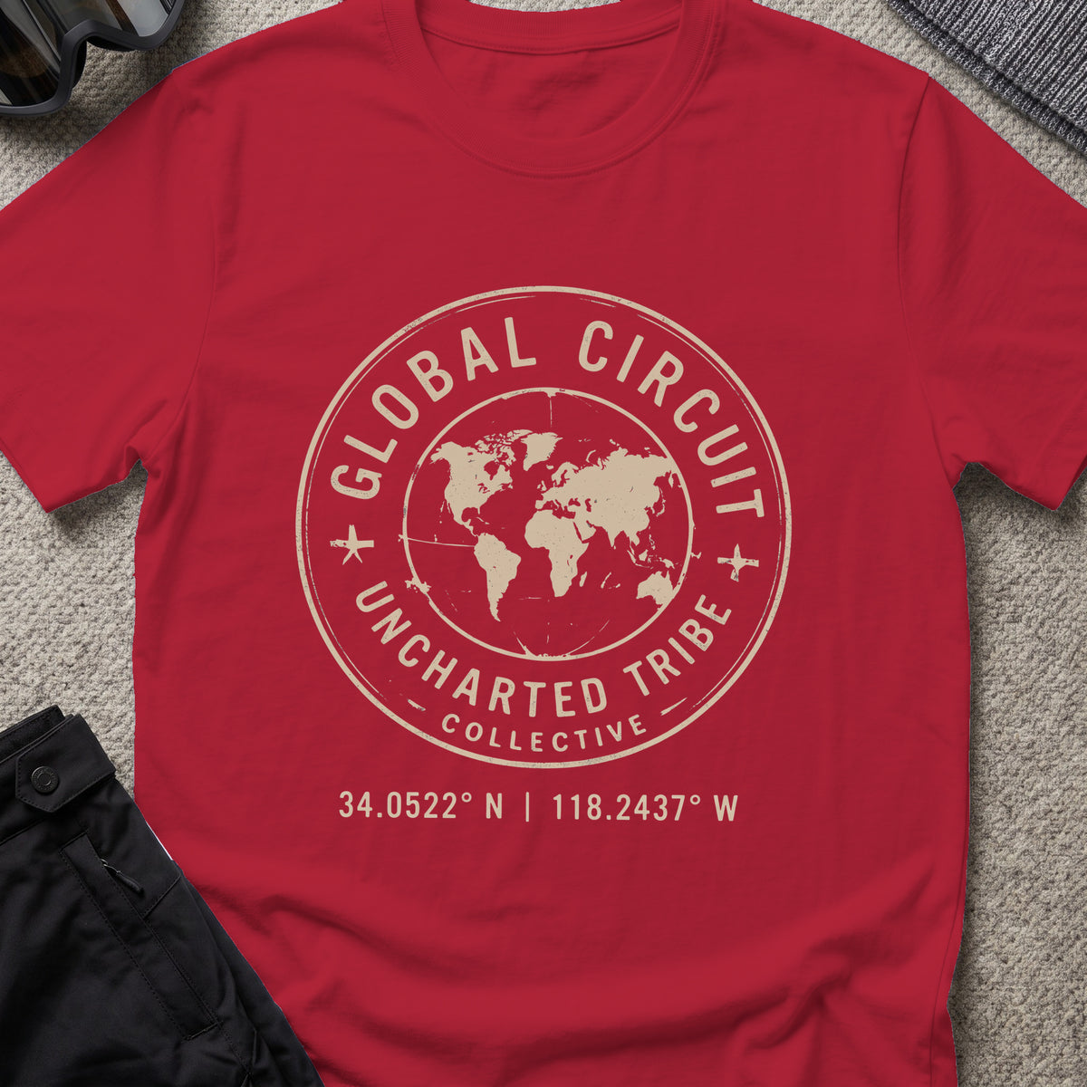 Uncharted Tribe Global Circuit T-Shirt in Antique Cherry Red, front view.
