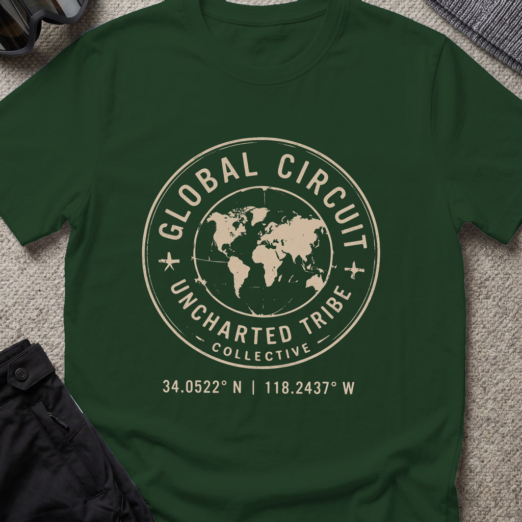 Uncharted Tribe Global Circuit T-Shirt in Forest Green, front view.