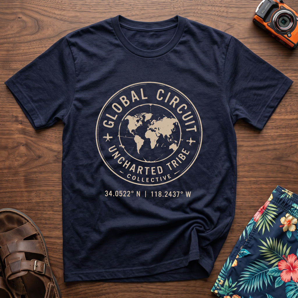 Uncharted Tribe Global Circuit T-Shirt in Navy, front view.