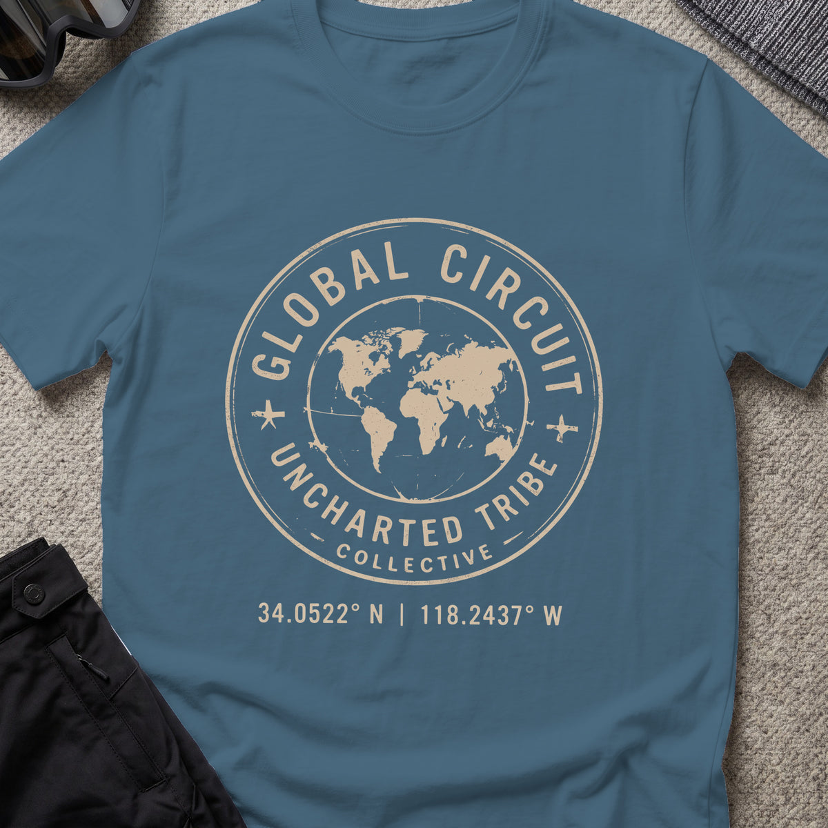Uncharted Tribe Global Circuit T-Shirt in Indigo Blue, front view.