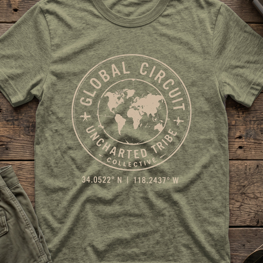 Uncharted Tribe Global Circuit T-Shirt in Heather Military Green, front view.