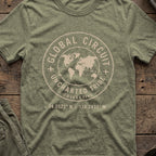 Uncharted Tribe Global Circuit T-Shirt in Heather Military Green, front view.