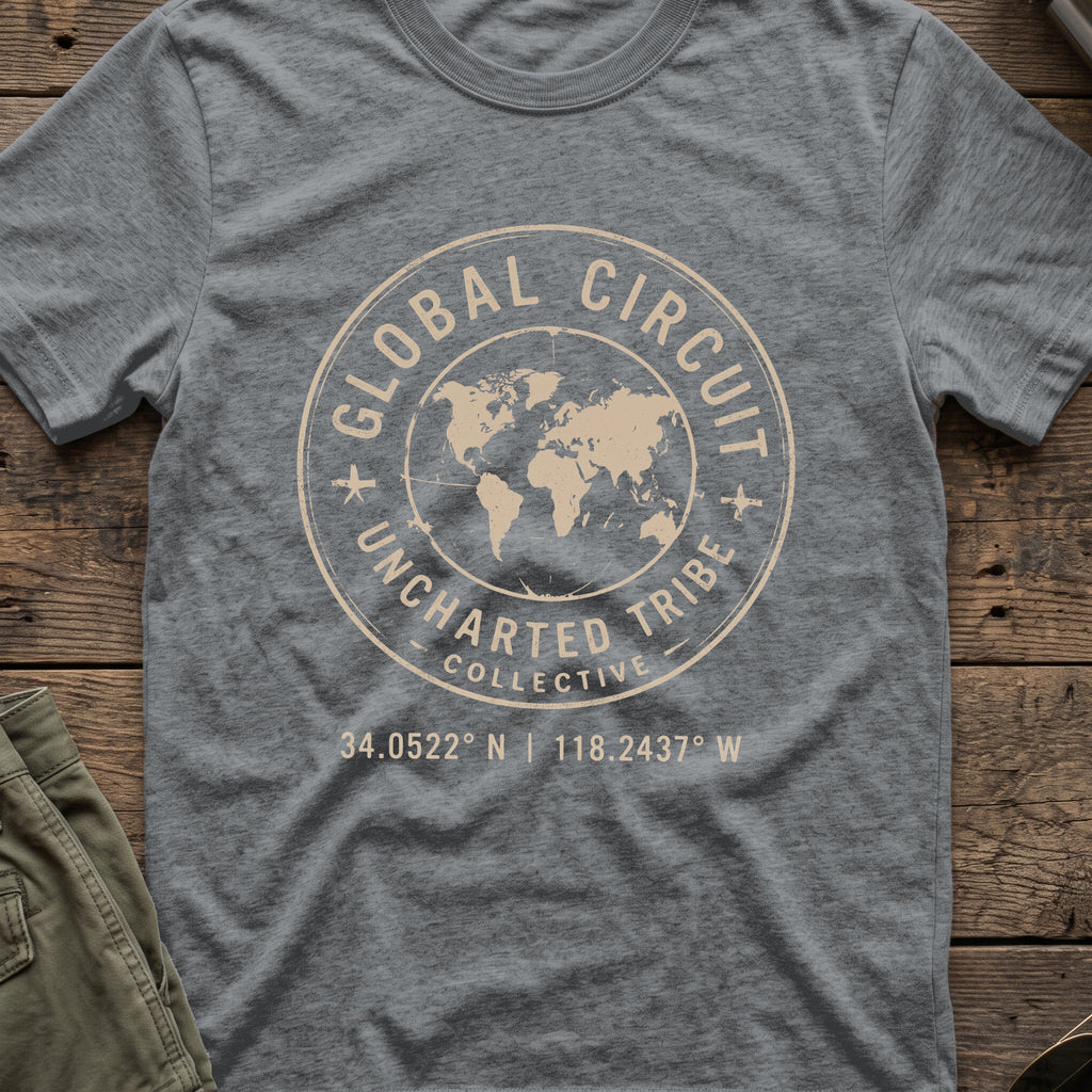 Uncharted Tribe Global Circuit T-Shirt in Graphite Heather, front view.