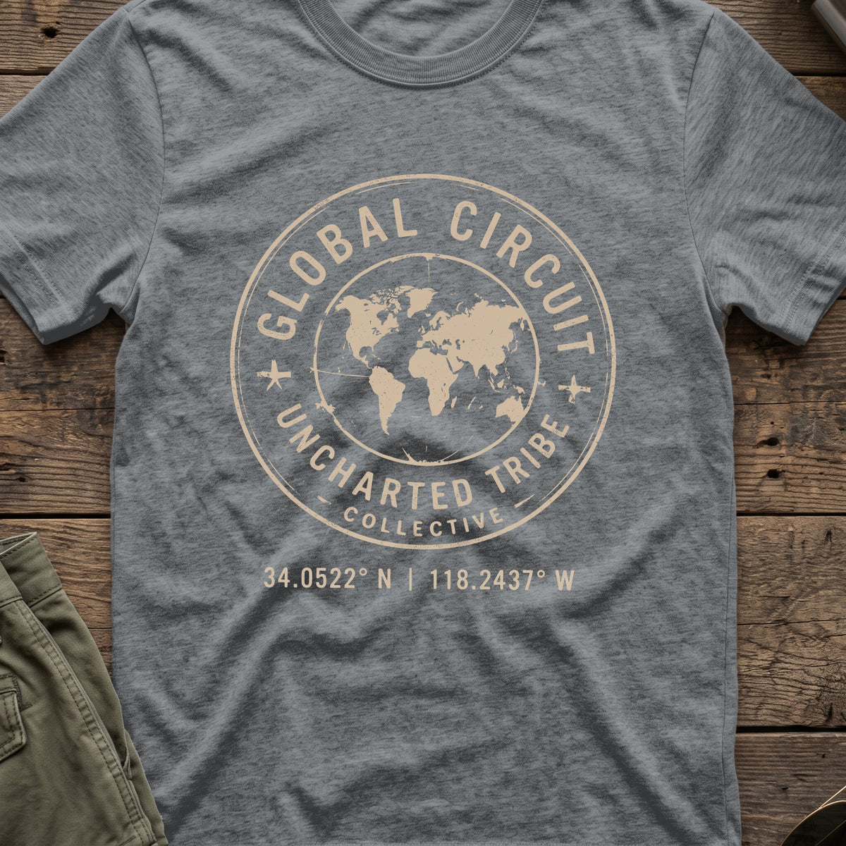 Uncharted Tribe Global Circuit T-Shirt in Graphite Heather, front view.