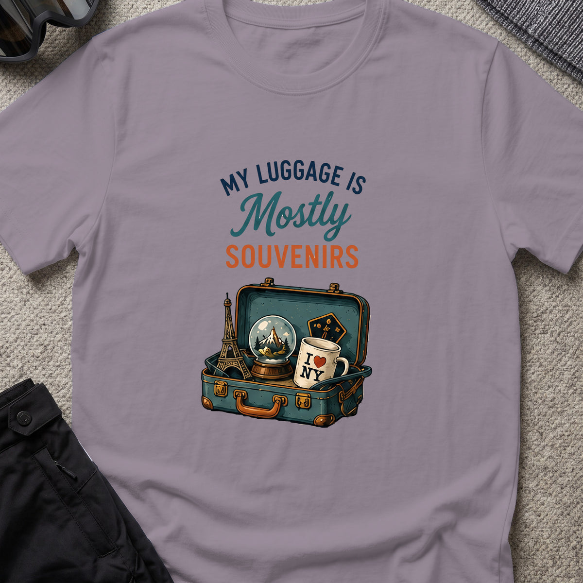My Luggage is Mostly Souvenirs T-Shirt in Paragon, front view.