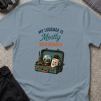 My Luggage is Mostly Souvenirs T-Shirt in Stone Blue, front view.