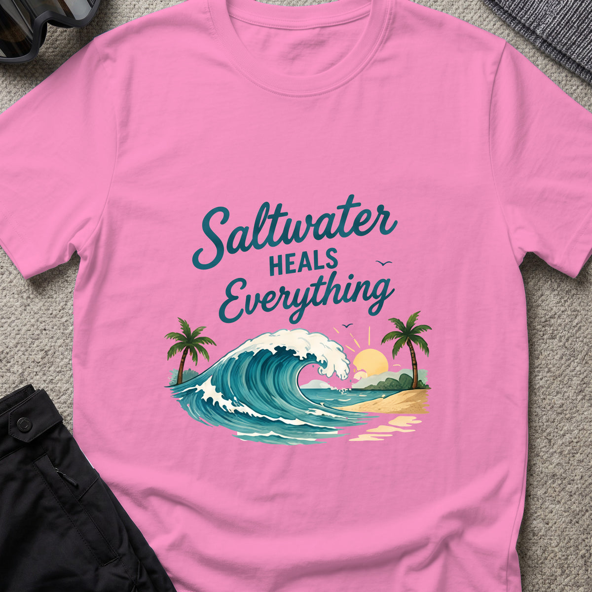 Saltwater Heals Everything T-Shirt in Azalea, front view.