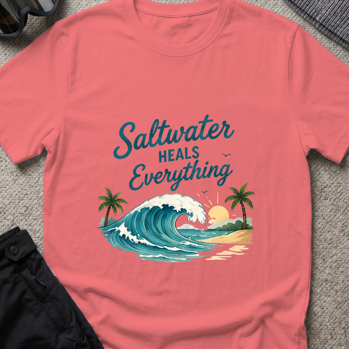 Saltwater Heals Everything T-Shirt in Coral Silk, front view.