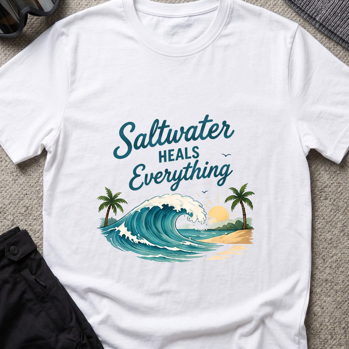 Saltwater Heals Everything T-Shirt in White, front view.