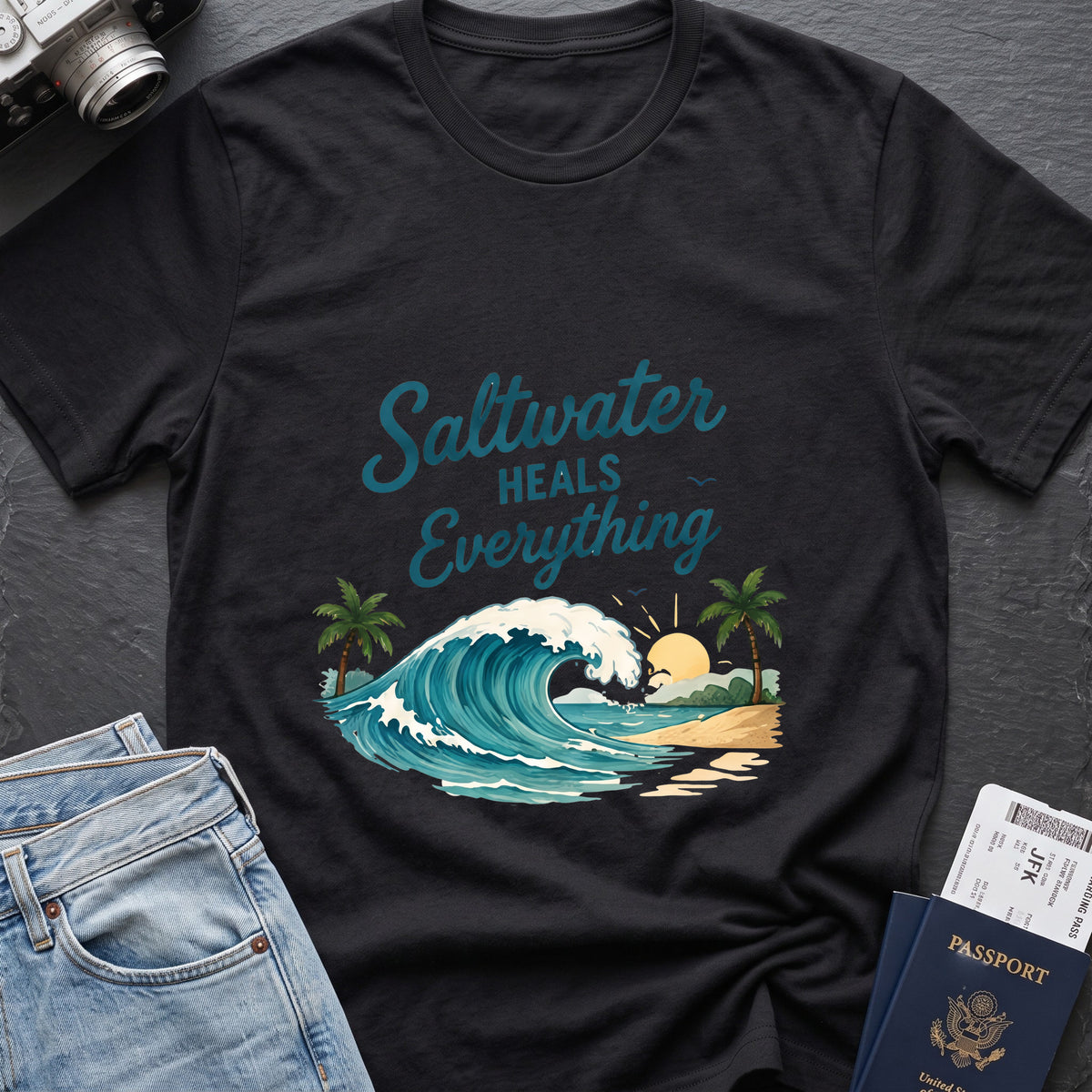 Saltwater Heals Everything T-Shirt in Black, front view.