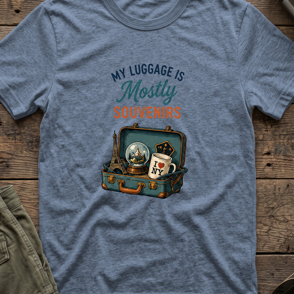 My Luggage is Mostly Souvenirs T-Shirt in Heather Indigo, front view.