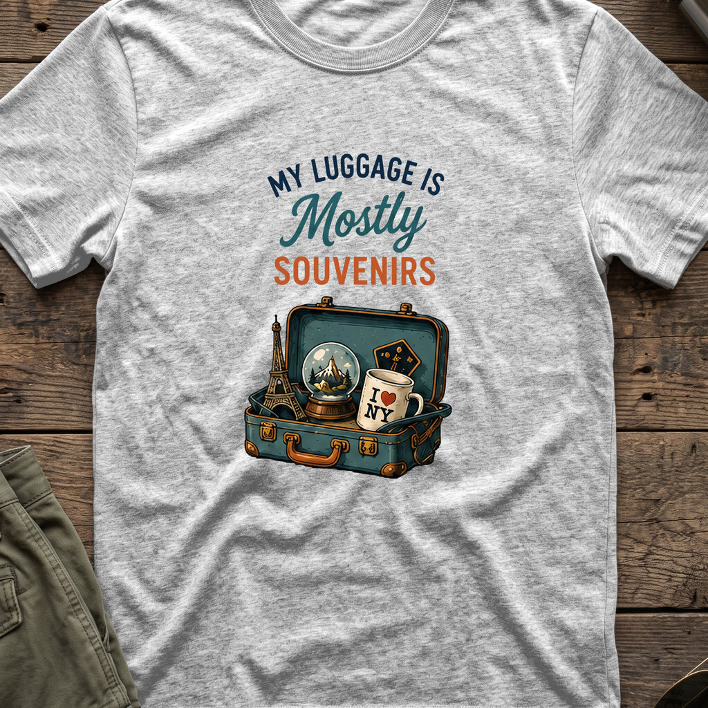 My Luggage is Mostly Souvenirs T-Shirt in Sport Grey, front view.