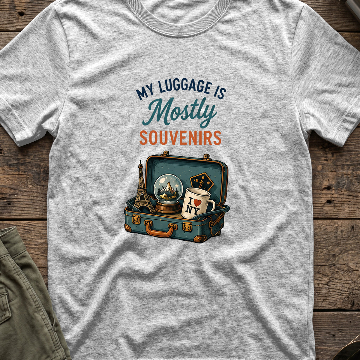 My Luggage is Mostly Souvenirs T-Shirt in Sport Grey, front view.