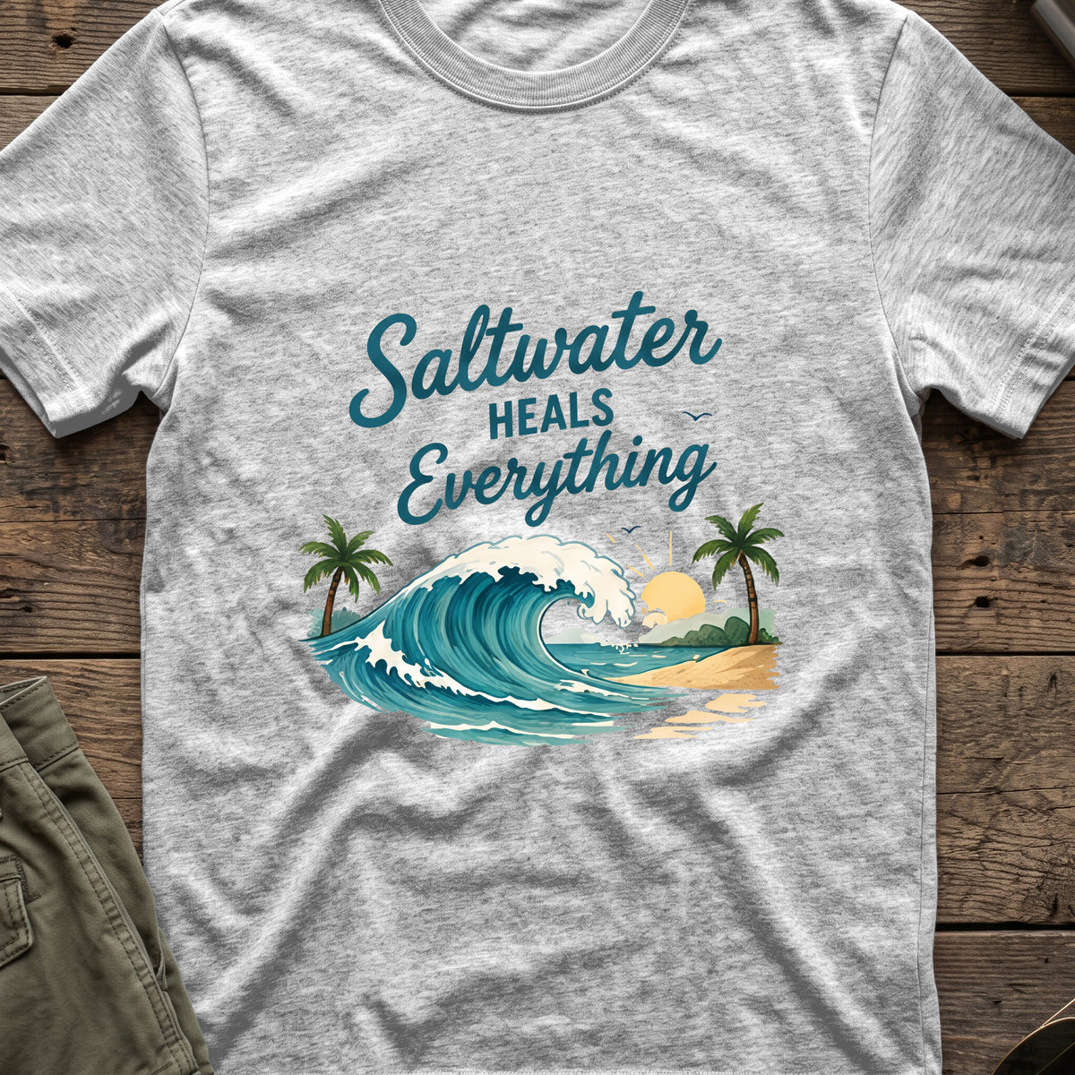 Saltwater Heals Everything T-Shirt in Sport Grey, front view.