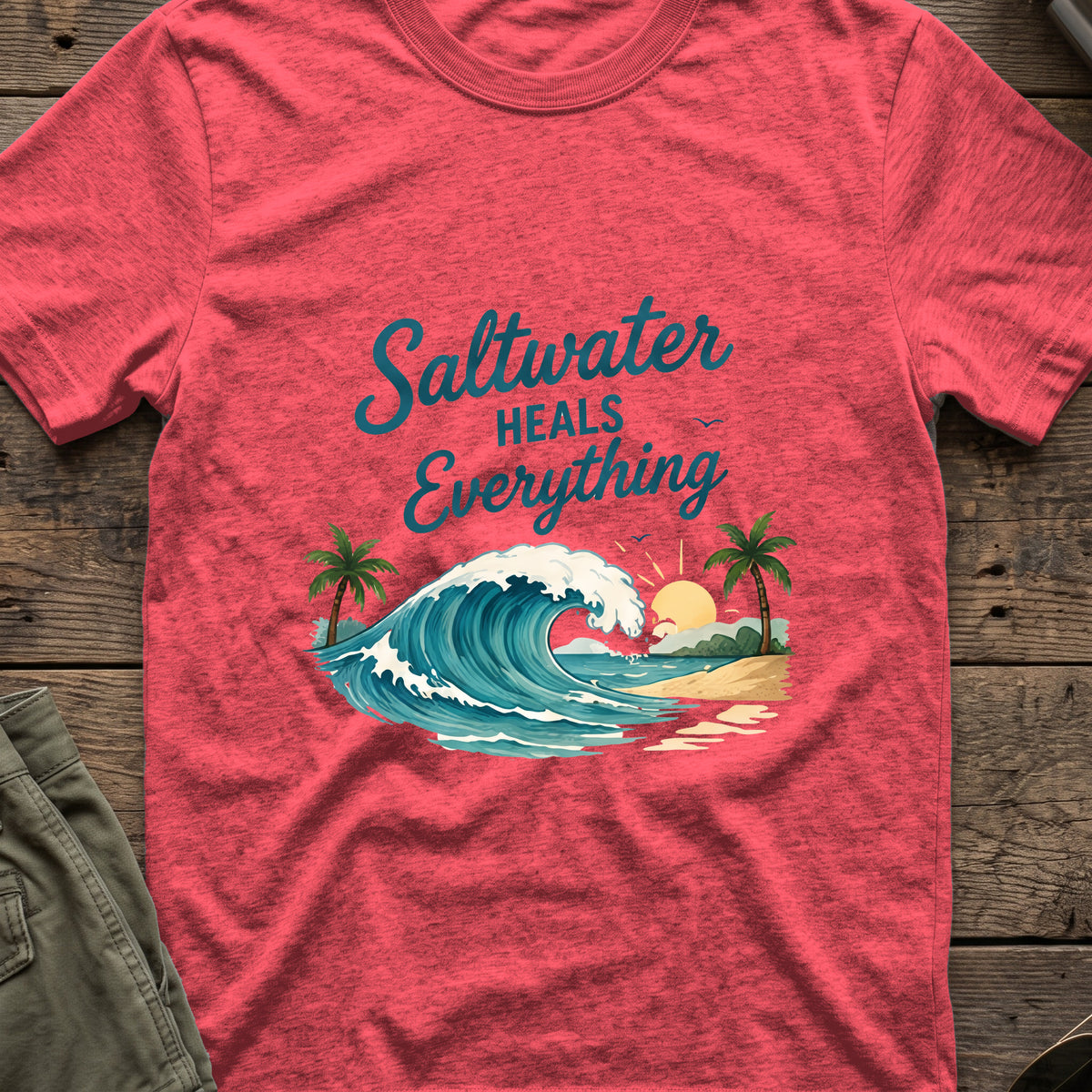 Saltwater Heals Everything T-Shirt in Heather Red, front view.