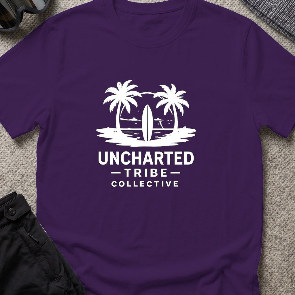 Uncharted Tribe Collective Surfer T-Shirt in Purple, front view.