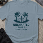 Uncharted Tribe Collective Surfer T-Shirt in Stone Blue, front view.