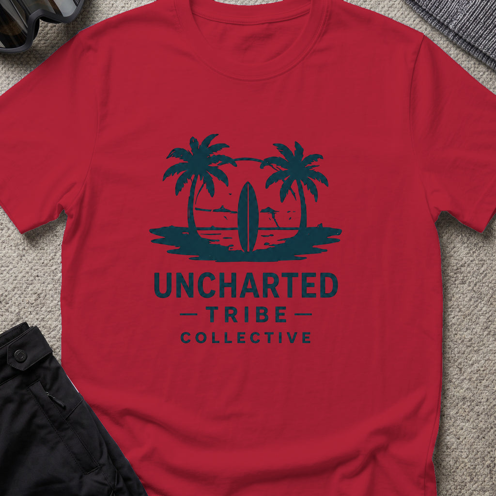 Uncharted Tribe Collective Surfer T-Shirt in Antique Cherry Red, front view.