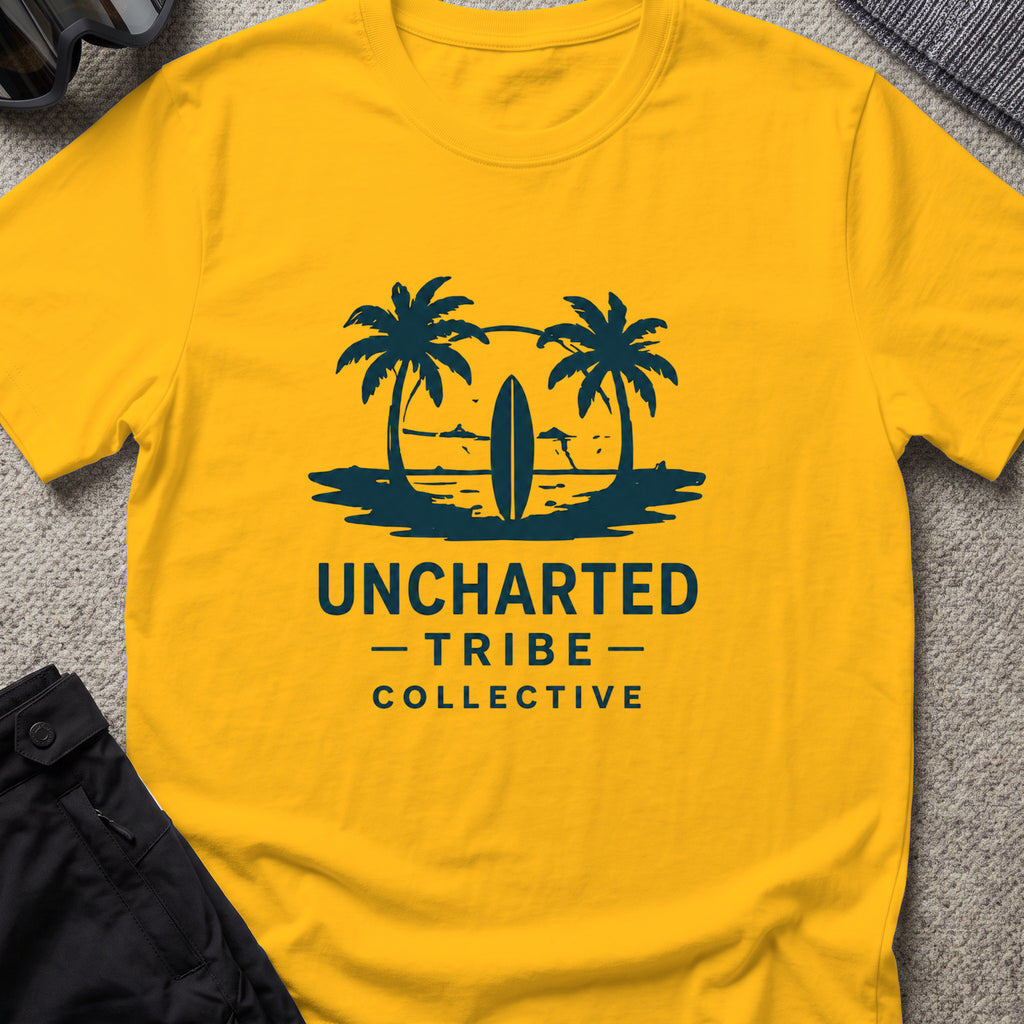 Uncharted Tribe Collective Surfer T-Shirt in Gold, front view.