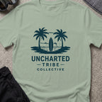 Uncharted Tribe Collective Surfer T-Shirt in Sage, front view.