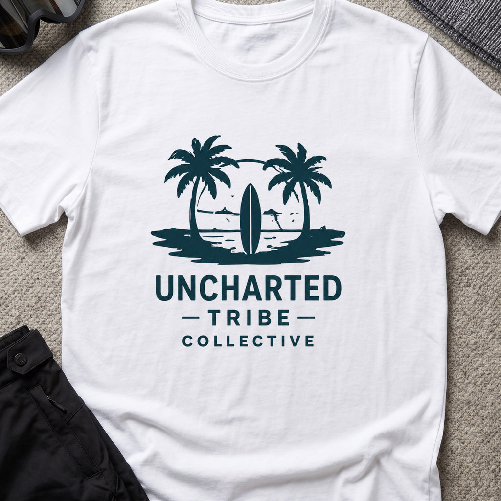Uncharted Tribe Collective Surfer T-Shirt in White, front view.