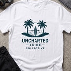 Uncharted Tribe Collective Surfer T-Shirt in White, front view.