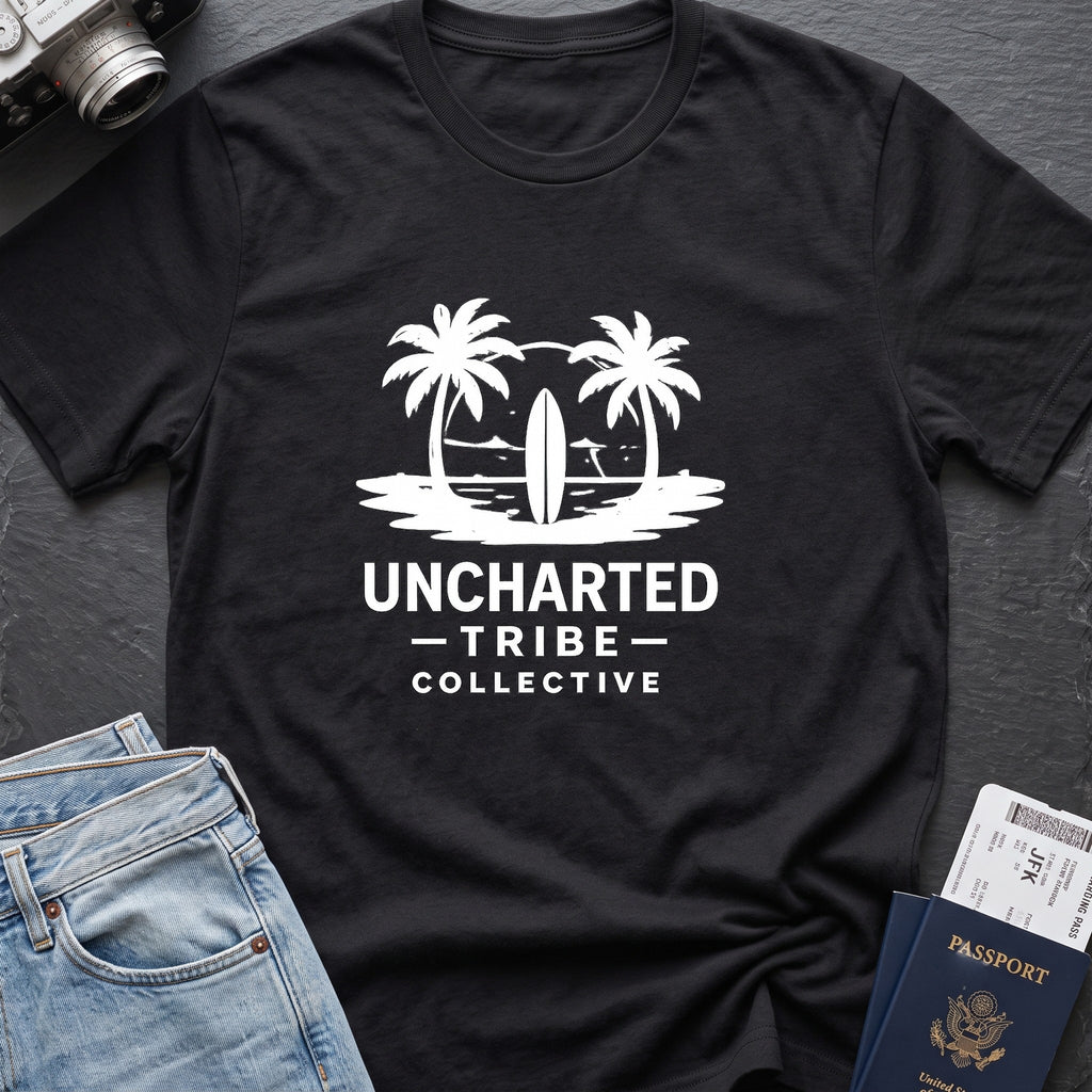 Uncharted Tribe Collective Surfer T-Shirt in Black, front view.