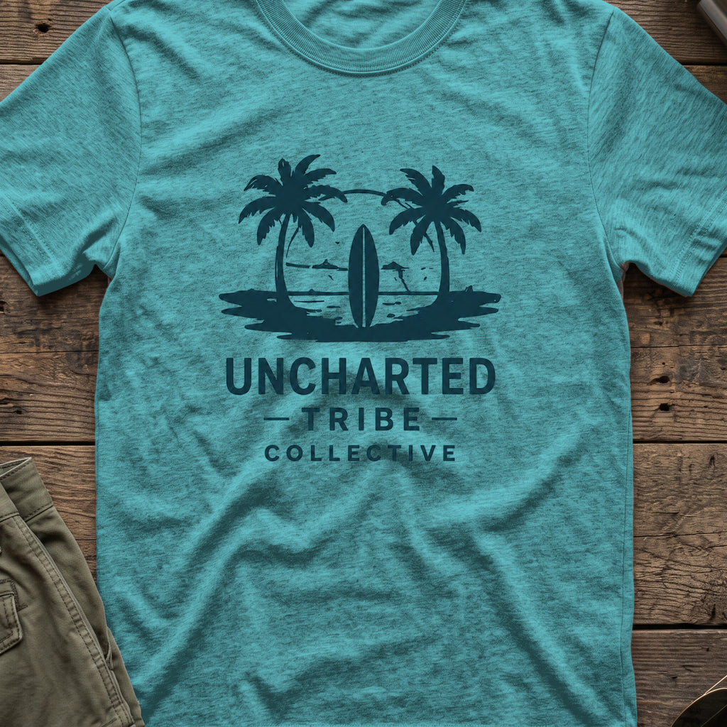 Uncharted Tribe Collective Surfer T-Shirt in Heather Galapagos Blue, front view.