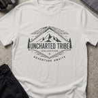 Adventure Awaits T-Shirt — Mountain Crest in Ice Grey, front view.