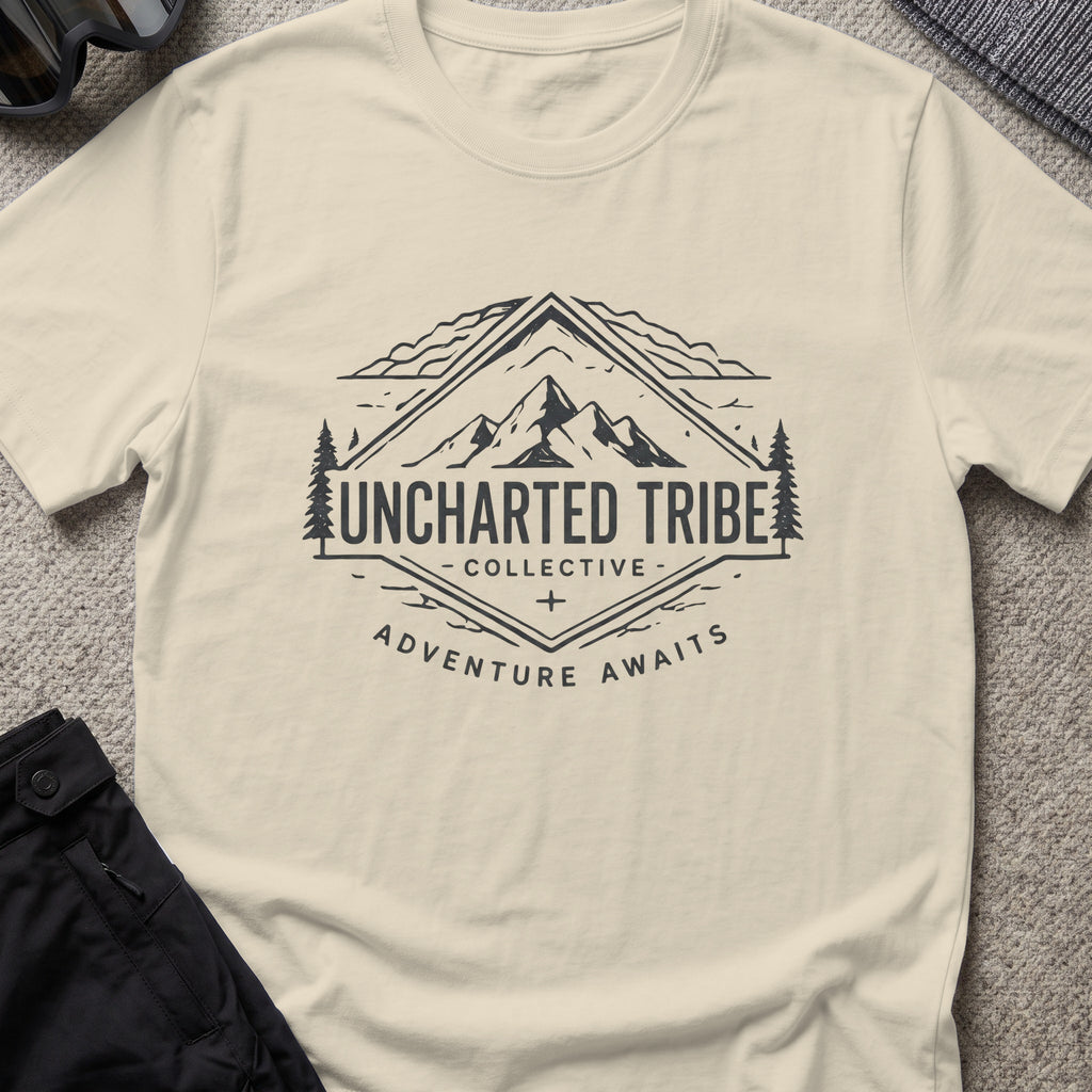 Adventure Awaits T-Shirt — Mountain Crest in Sand, front view.