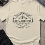 Adventure Awaits T-Shirt — Mountain Crest in Sand, front view.