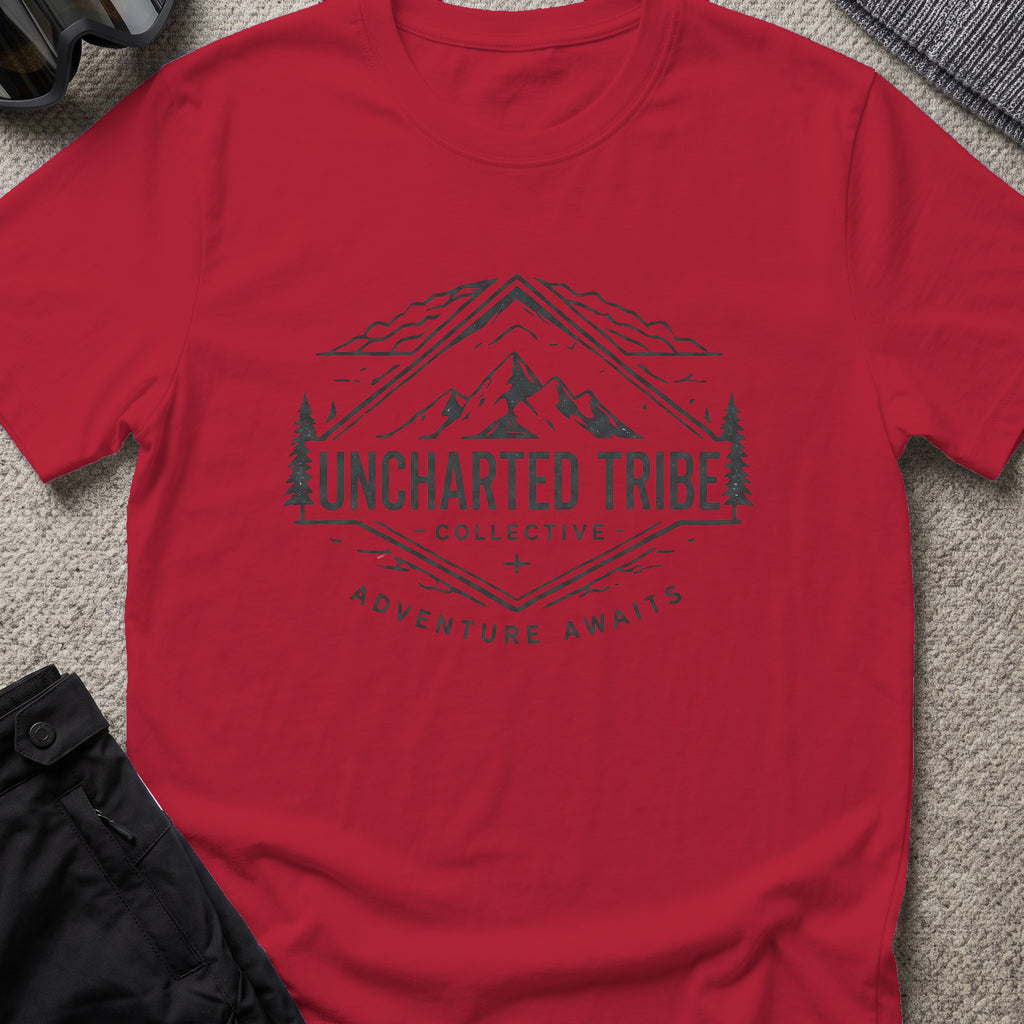 Adventure Awaits T-Shirt — Mountain Crest in Antique Cherry Red, front view.