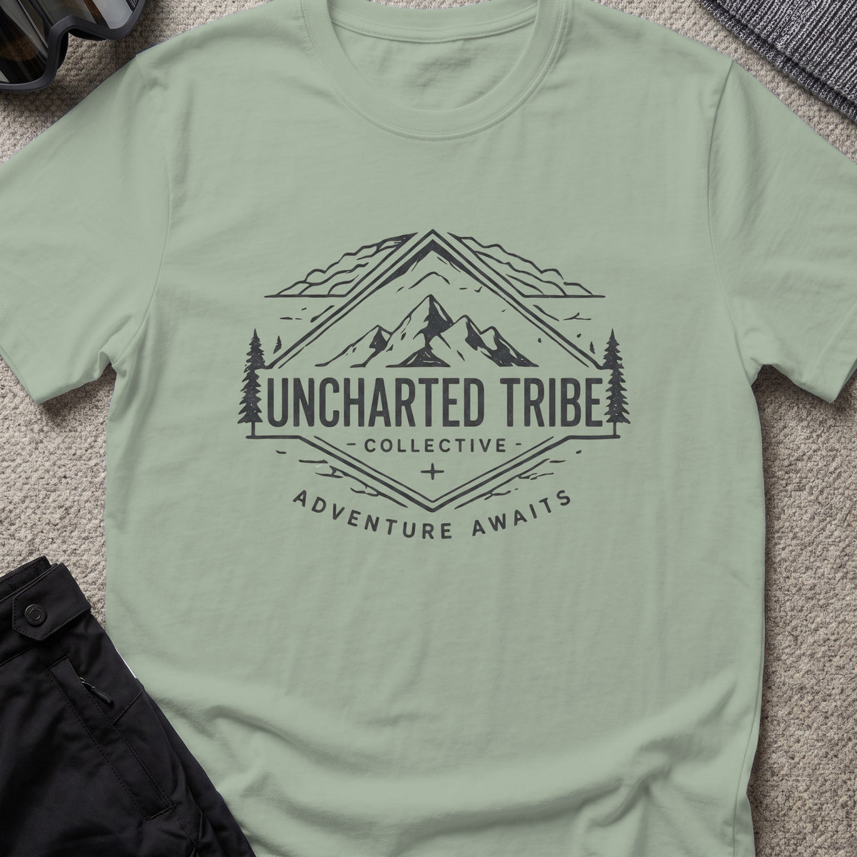 Adventure Awaits T-Shirt — Mountain Crest in Sage, front view.