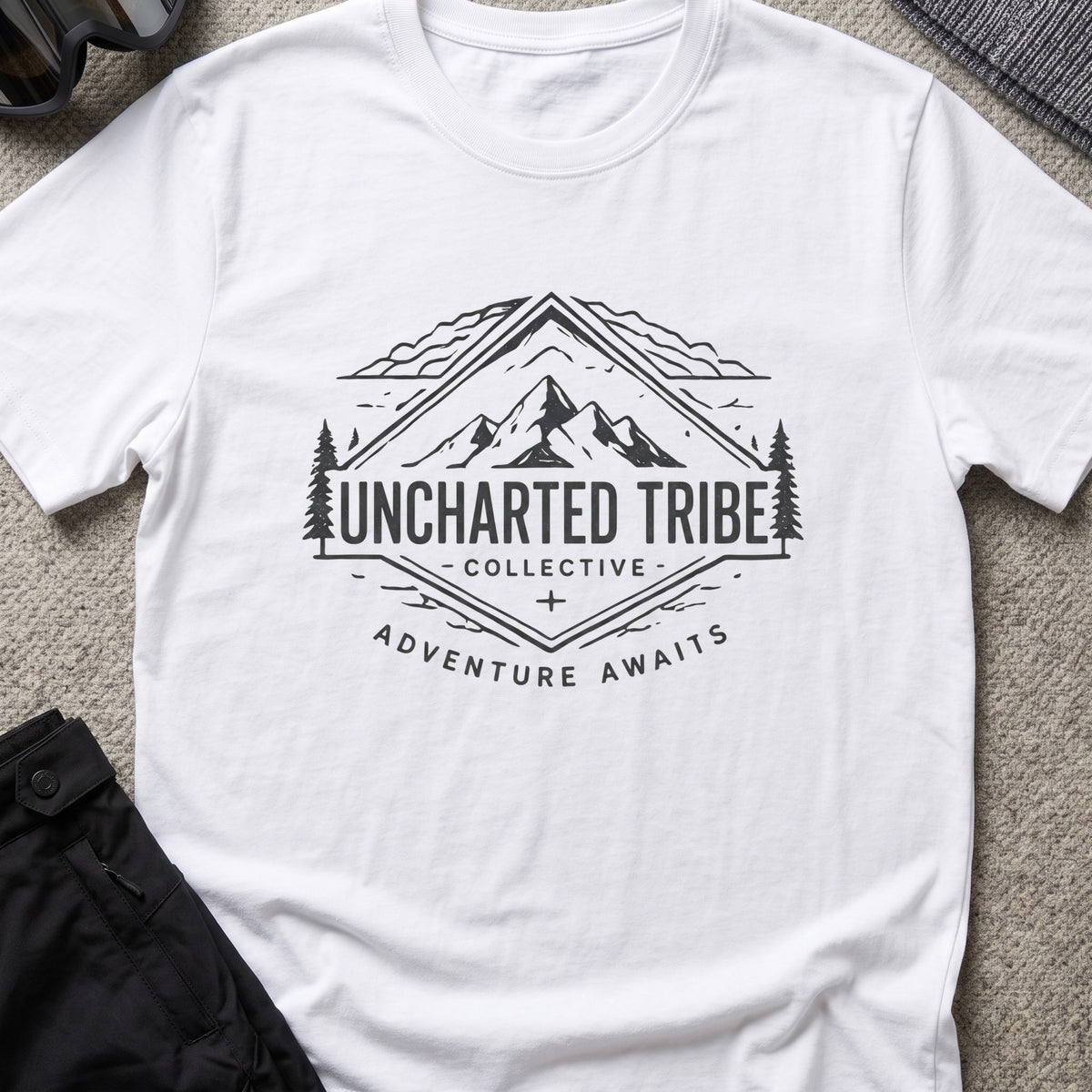 Adventure Awaits T-Shirt — Mountain Crest in White, front view.