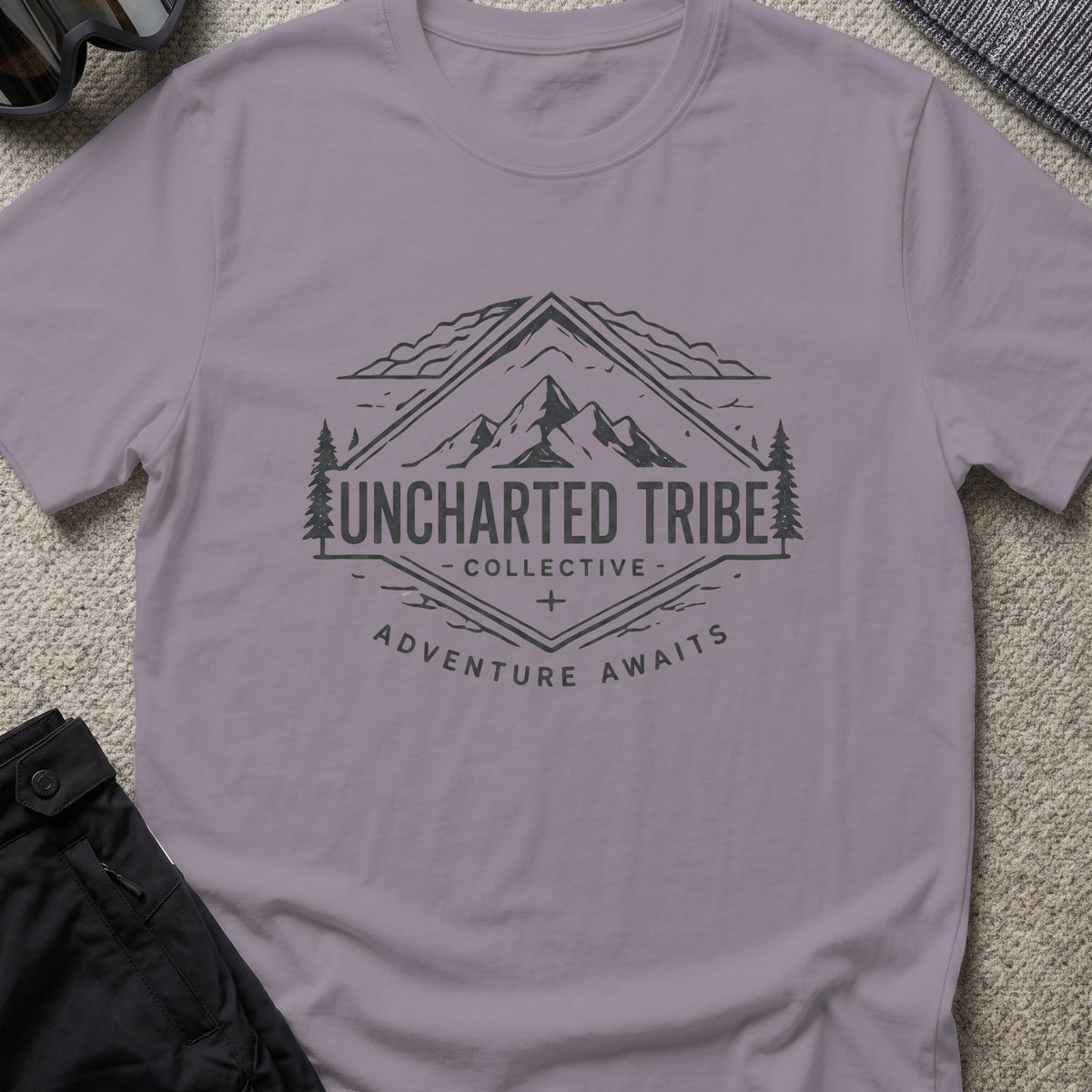Adventure Awaits T-Shirt — Mountain Crest in Paragon, front view.
