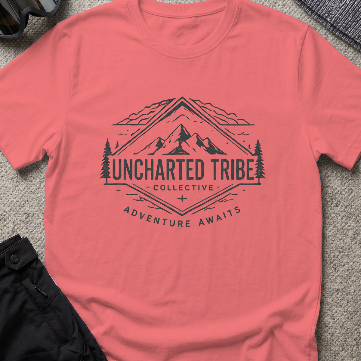Adventure Awaits T-Shirt — Mountain Crest in Coral Silk, front view.